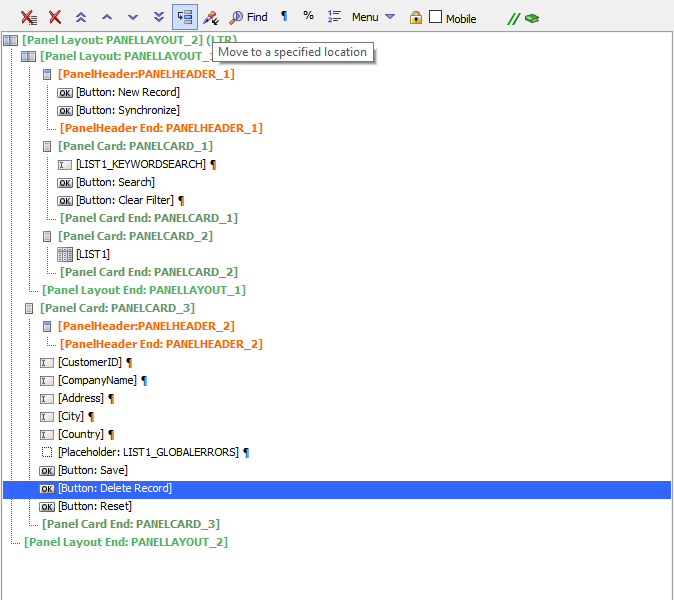 Selecting the Delete Record button for moving into the Panel
Header for the Detail View.